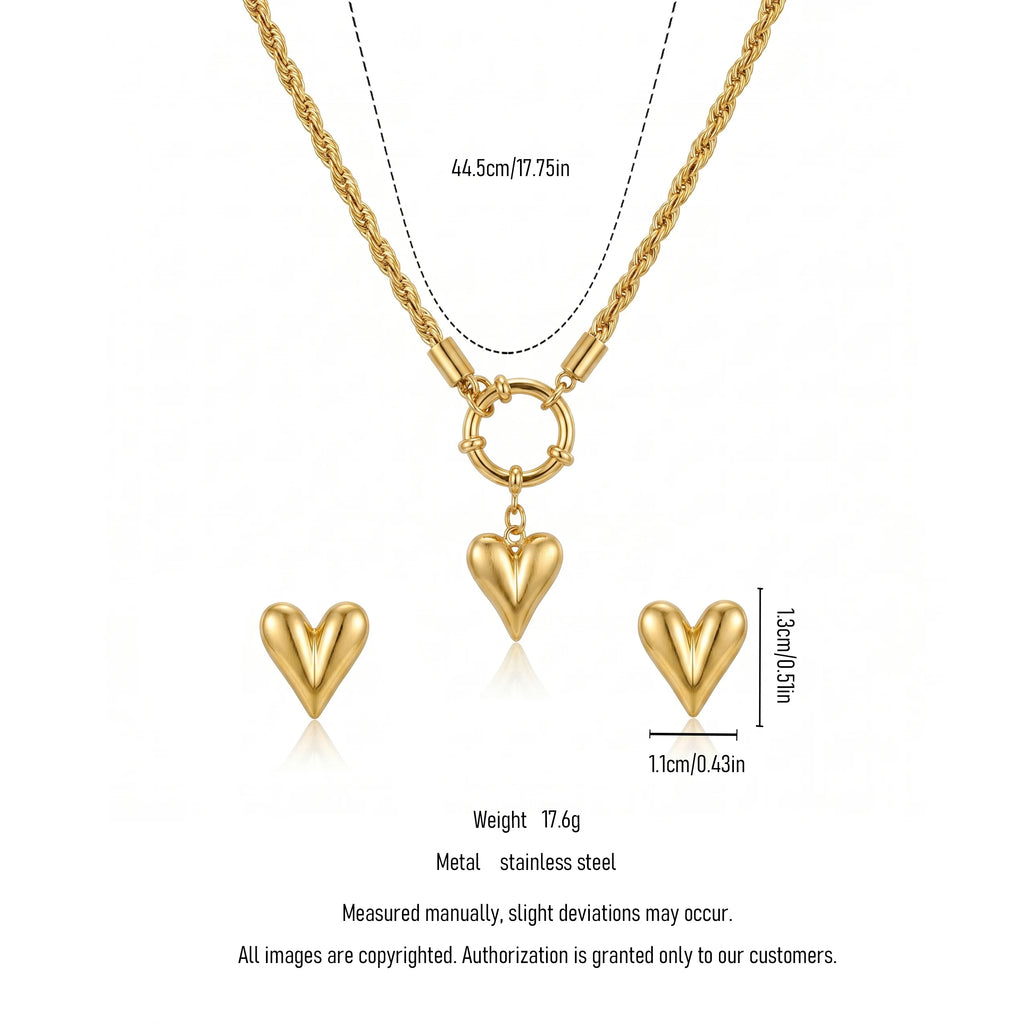 QIAOREN 11589 Waterproof 18K Gold Plated Stainless Steel Heart Jewelry Set Rope Chain Necklace Earrings Daily Wear