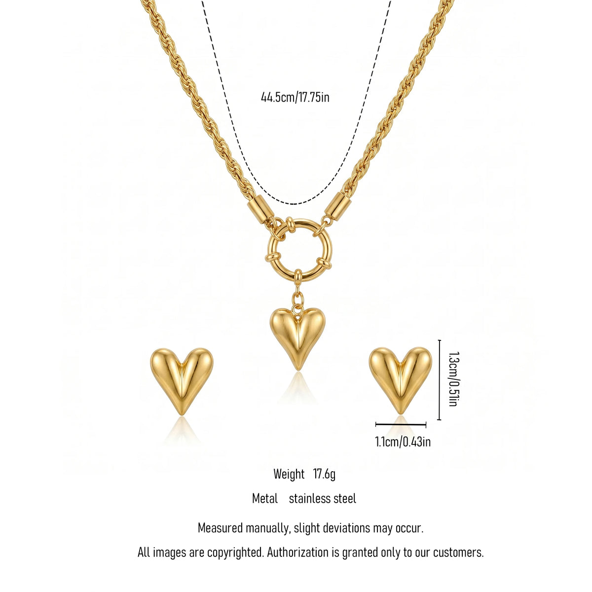 QIAOREN 11589 Waterproof 18K Gold Plated Stainless Steel Heart Jewelry Set Rope Chain Necklace Earrings Daily Wear