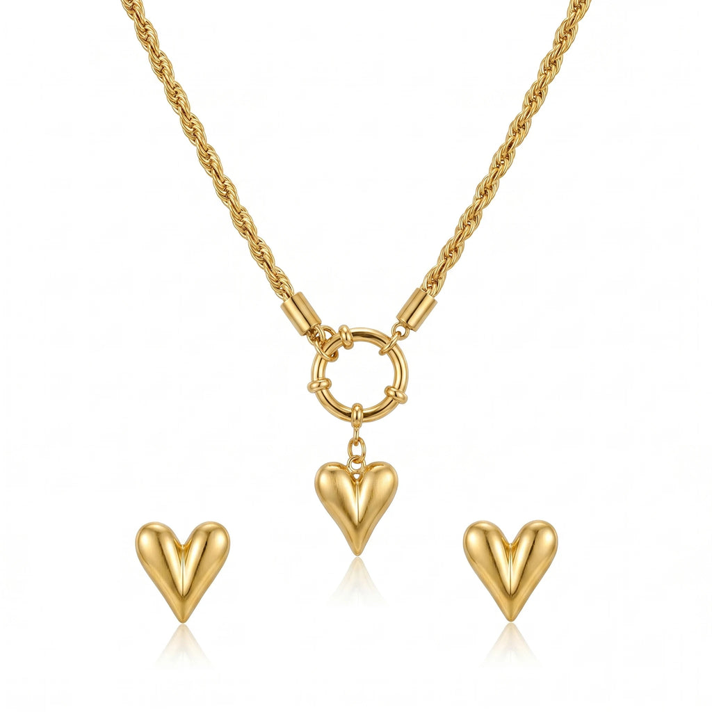 QIAOREN 11589 Waterproof 18K Gold Plated Stainless Steel Heart Jewelry Set Rope Chain Necklace Earrings Daily Wear