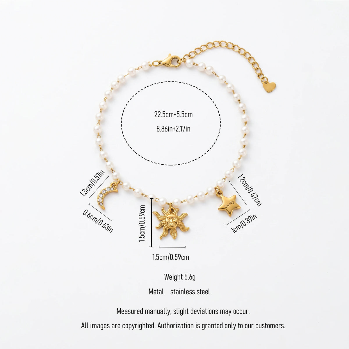 QIAOREN 13312 Celestial Charm Pearl Anklet Stainless Steel Carved Sun Crystal Moon Lucky Star Pendant Lobster Clasp
