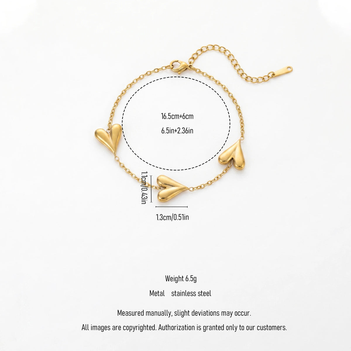 QIAOREN 12890 18K Gold Plated Puffy Heart Bracelet, Waterproof Tarnish Free Stainless Steel Heart Charm Bracelet for Women
