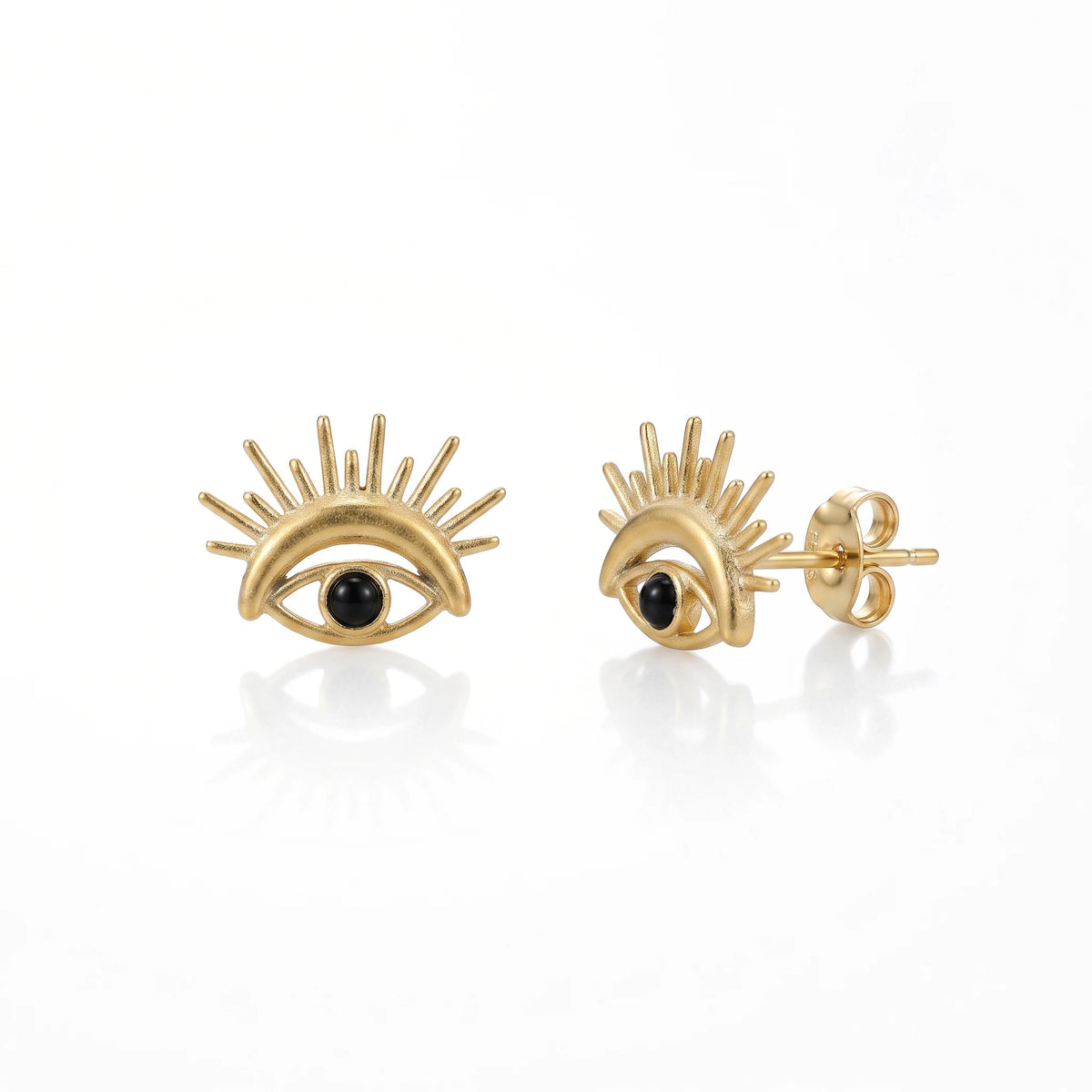 QIAOREN 14033 Matte Gold Stud Earrings With Sunburst Spike Detail, Black Round Bead Inlay Protective Symbol Ear Stud