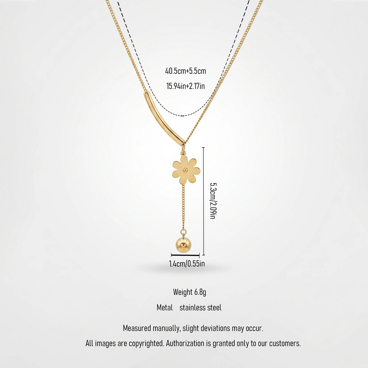QIAOREN 13474 Dainty Y Drop Floral Necklace with Curved Bar, Solid Flower & Round Ball Pendant, Minimalist Thin Chain Necklace