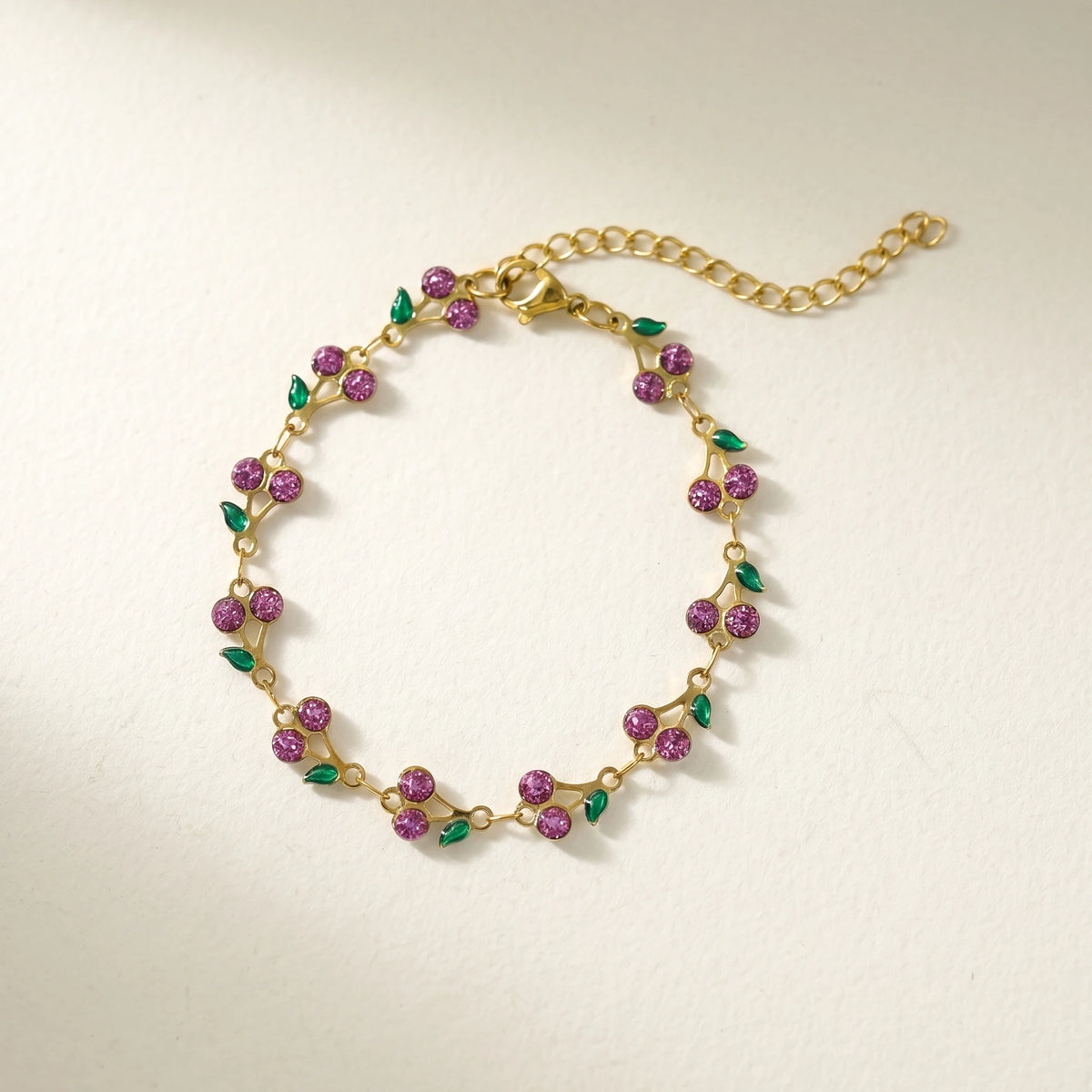 QIAOREN 12224-33 Waterproof Stainless Steel Gold Cherry Bracelet Pink Rhinestone Leaf Charm Bracelet for Women