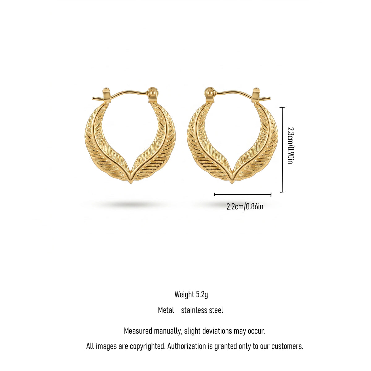 QIAOREN 13248 18K Gold PVD Plated Stainless Steel Double Leaf Hoop Earrings Textured Feather Shape Earring