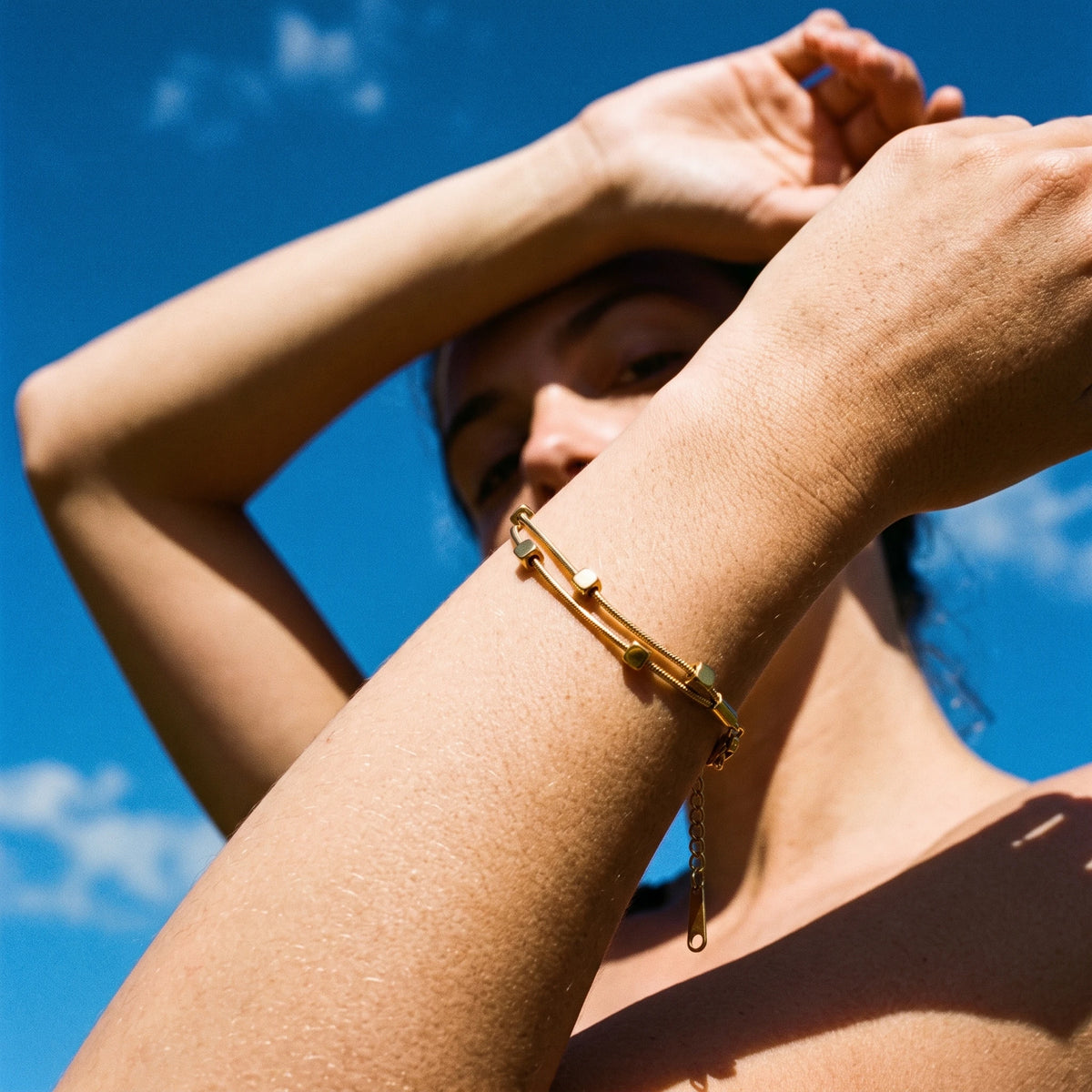 QIAOREN 13301 Gold Double Snake Bracelet Stainless Steel Mini Cube Beads Clasp Extender Waterproof Dainty Women Stack Jewelry