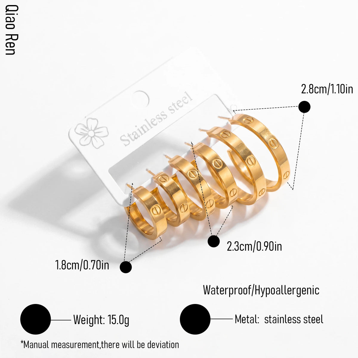 QIAOREN 14595 Gold Stainless Steel Hoop Earrings Multi Line Huggie Earrings Waterproof Hypoallergenic Fashion Jewelry for Women
