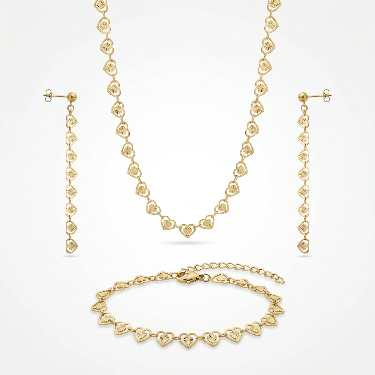 QIAOREN 11581 18K Gold Plated Stainless Steel Heart Jewelry Set Women Hollow Necklace Bracelet Dangle Earrings 3PCS