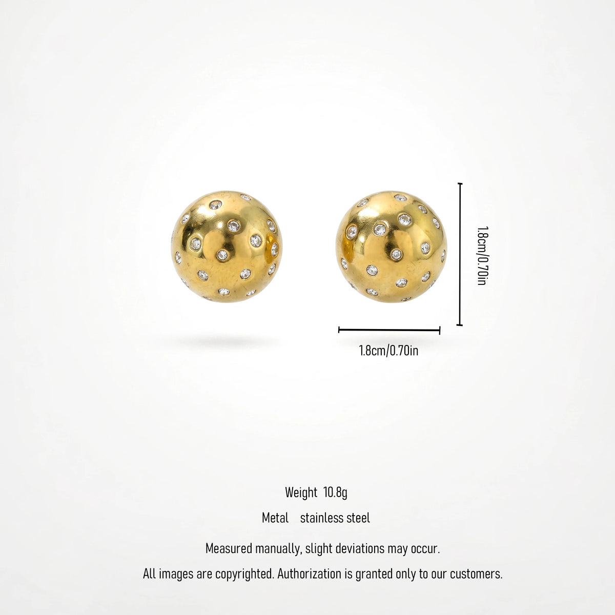 QIAOREN 12263 Waterproof Tarnish Free Gold Dome Earrings Stainless Steel Gypsy Set Sparkling CZ Dotted Ball Studs Jewelry US EU