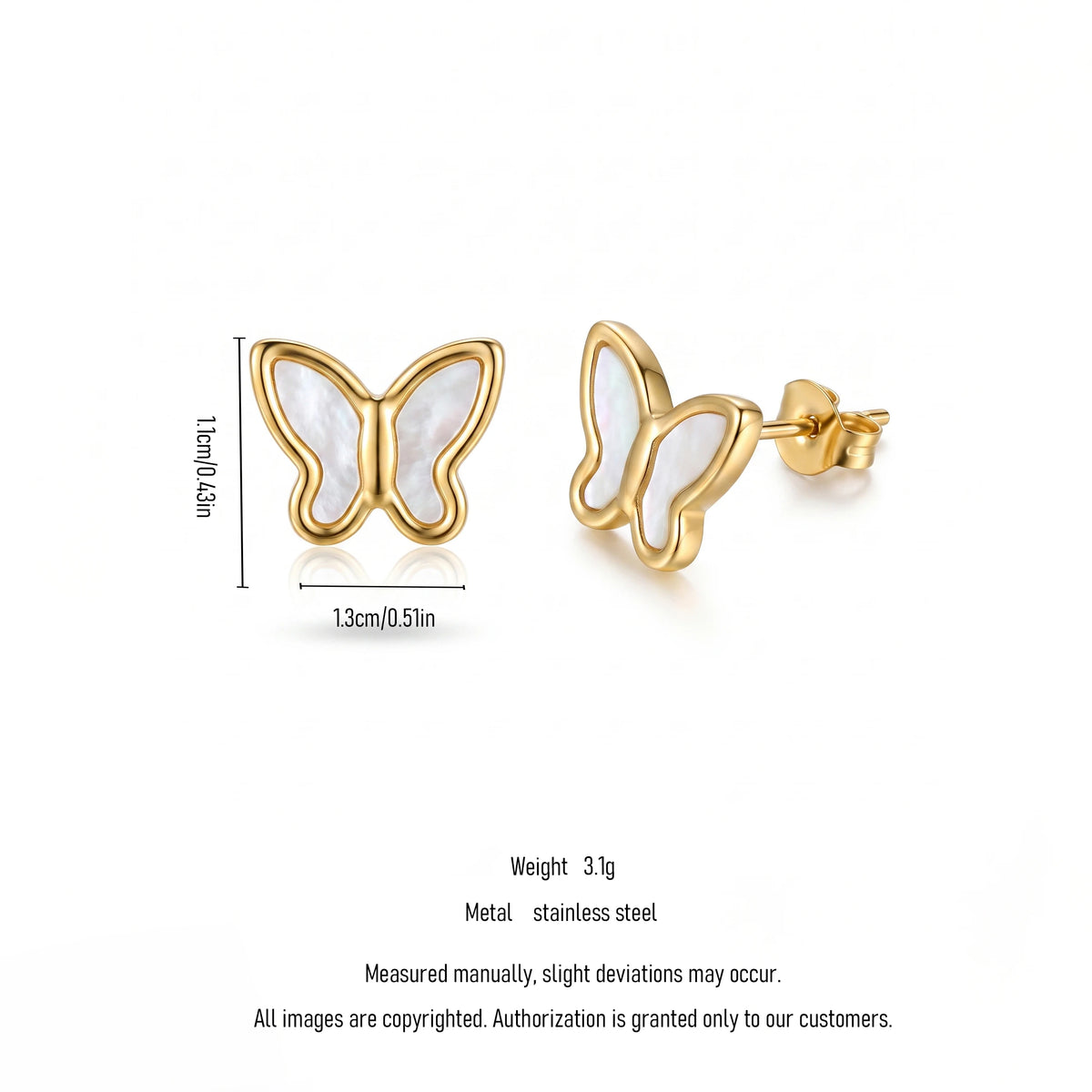 QIAOREN 13446 Gold Tone Natural White MOP Butterfly Stud Earrings Minimal Smooth Frame Shell Inlay Ear Jewelry Gift