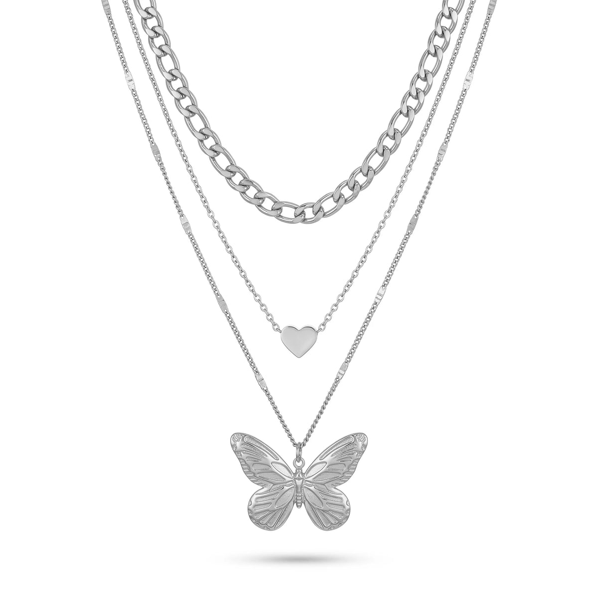 QIAOREN 11325 Dainty Chunky Figaro Chain Layered Necklace With Butterfly & Heart Charms 18K Gold Plated Stainless Steel