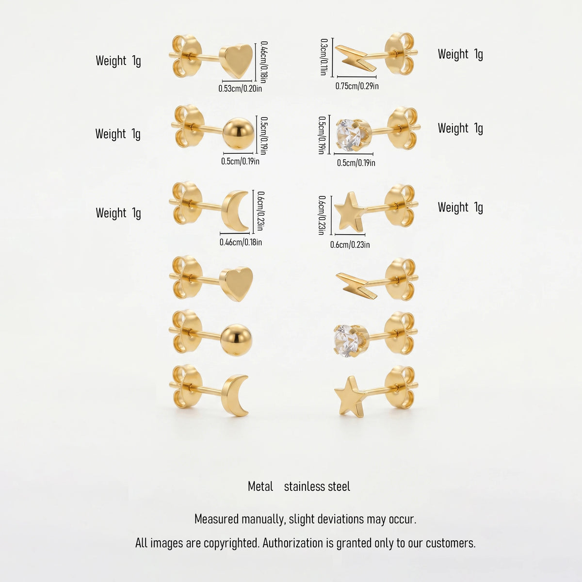 QIAOREN 12615-24 Multi Shape Tiny Stud Earrings Set 18K Gold Stainless Steel Heart Moon Star Ball Lightning CZ Piercing Jewelry