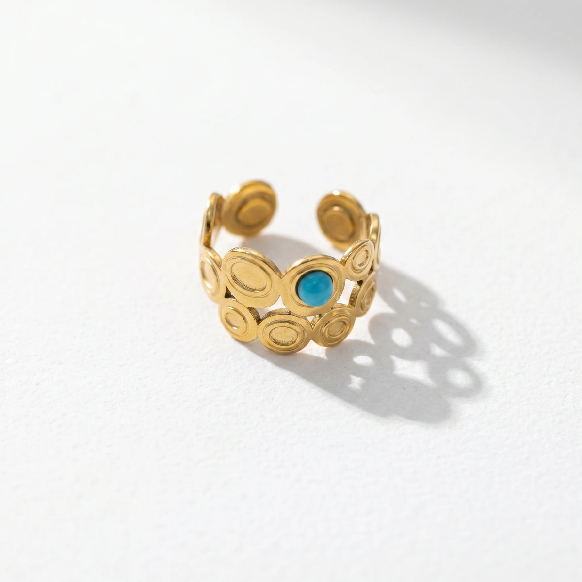 QIAOREN 13181-85 5Pcs Gold Stainless Steel Turquoise Open Ring Set Irregular Hammered Crown Adjustable Boho Stackable Rings