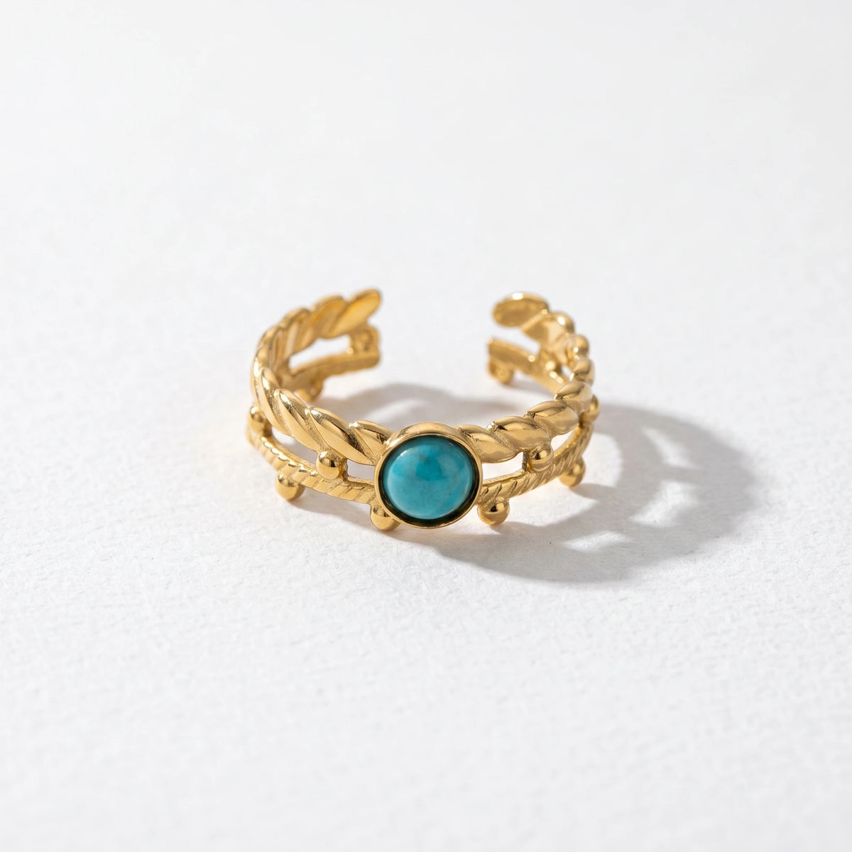 QIAOREN 18K Gold Stainless Steel Turquoise Open Ring Set, Waterproof Vintage Adjustable Boho Stackable Rings