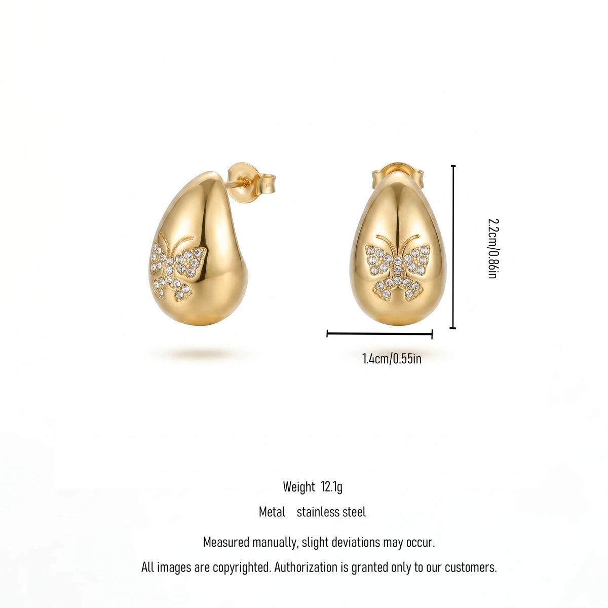 QIAOREN 12260Trendy Chunky Teardrop Earrings Gold Stainless Steel CZ Pave Butterfly Waterdrop Studs Jewelry for Women US EU