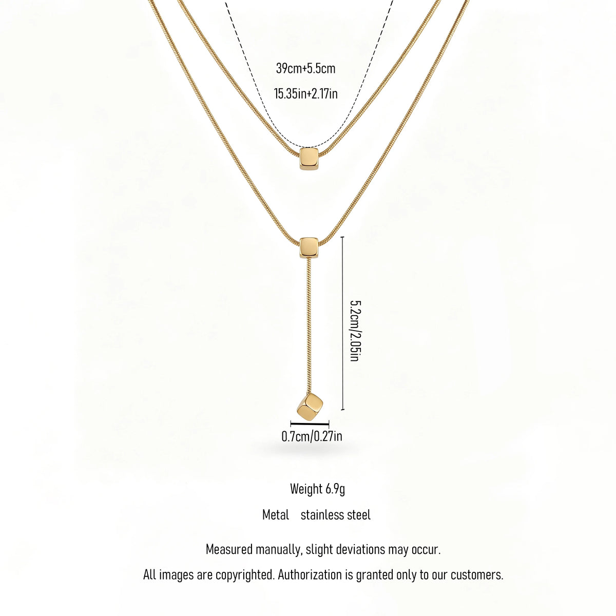 QIAOREN 13466 Minimalist Double Layer Snake Chain Necklace with Sliding Square Cube Pendants, Dainty Y Drop Neck Jewelry Gift