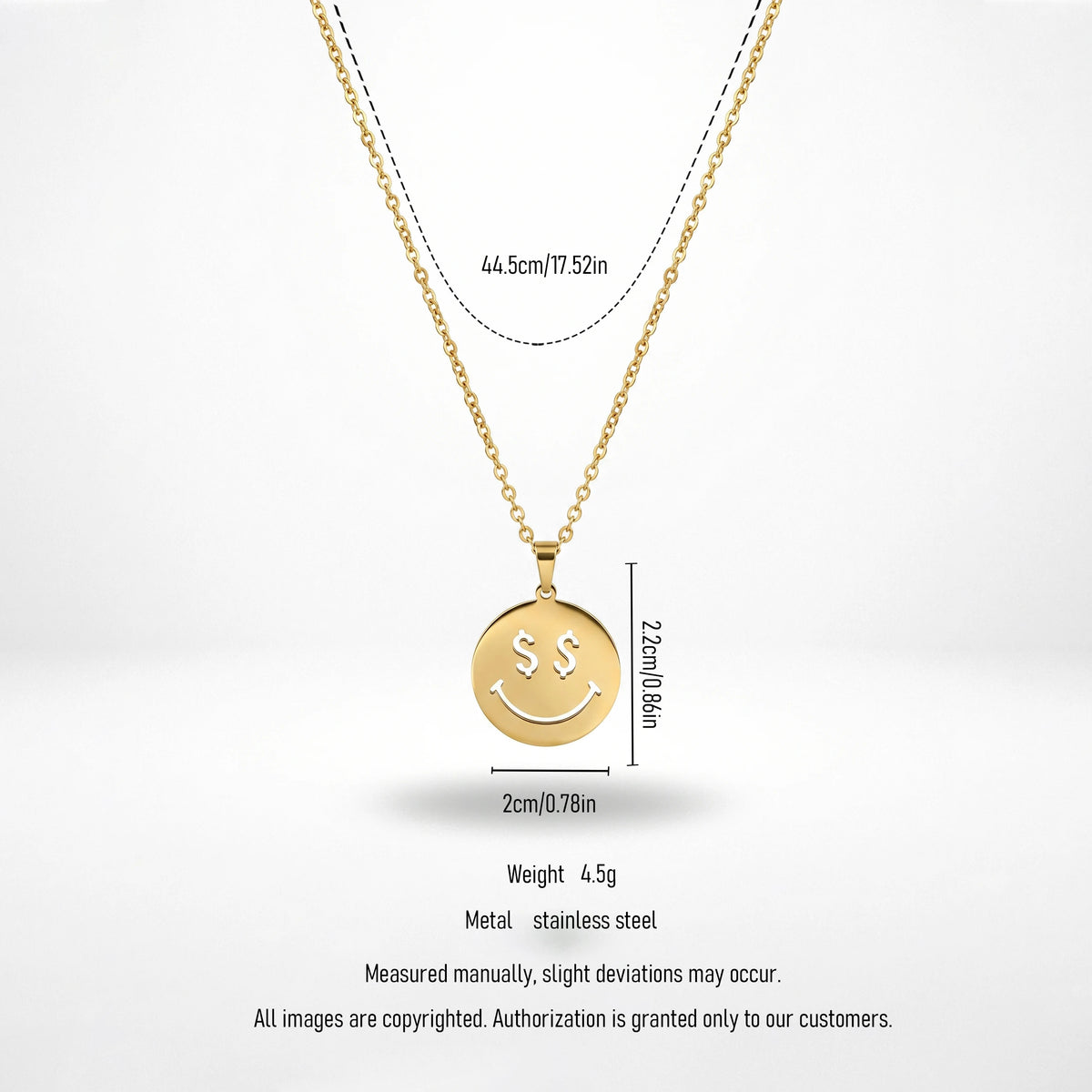 QIAOREN 11782 Ins Trendy Money Eyes Smiley Face Stainless Steel Necklace Gold Round Disc Pendant Accessory for American European