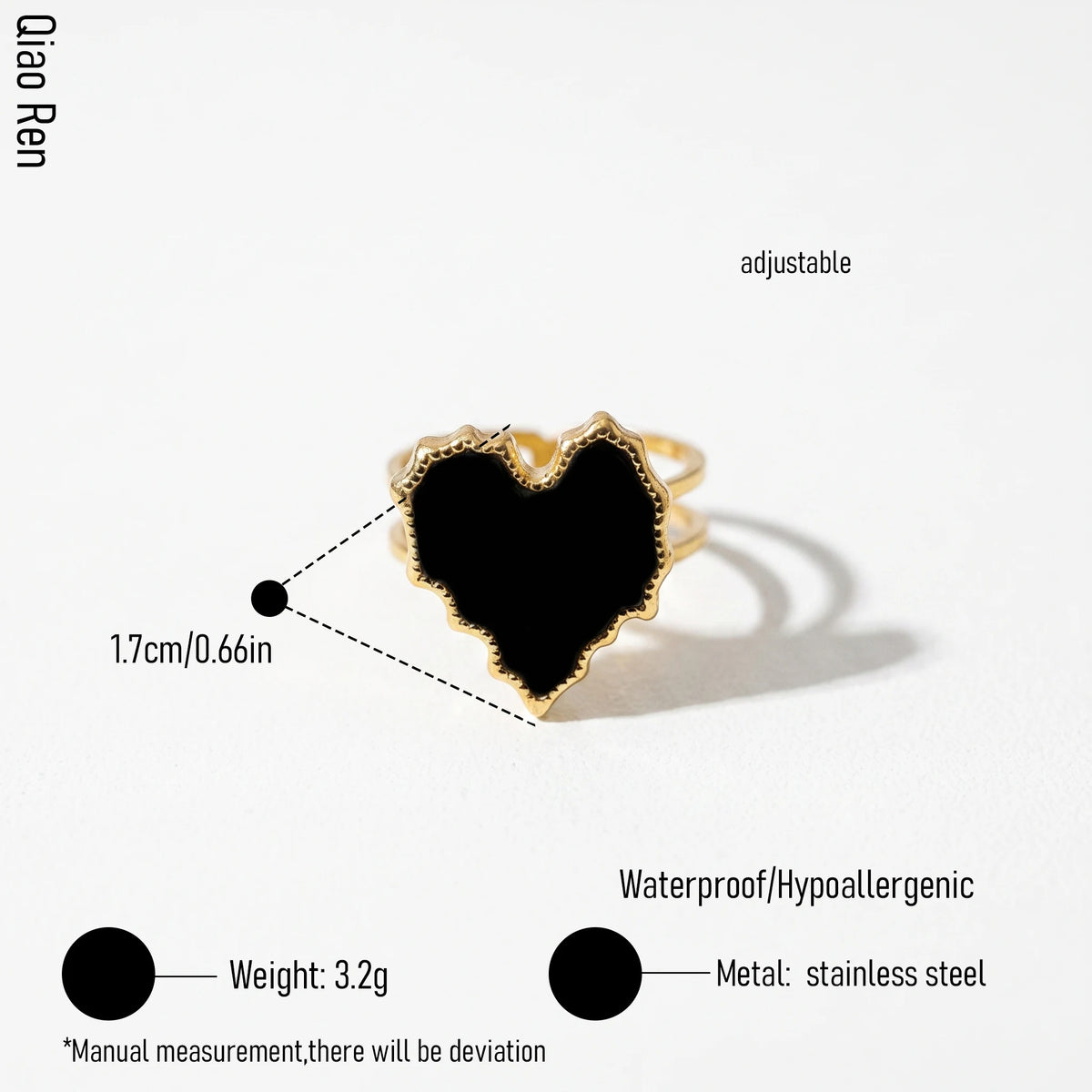 QIAOREN 14175-79 Black Enamel Heart & Sun Open Ring Set, Irregular Love Shape Adjustable Stackable Ring Jewelry Gift