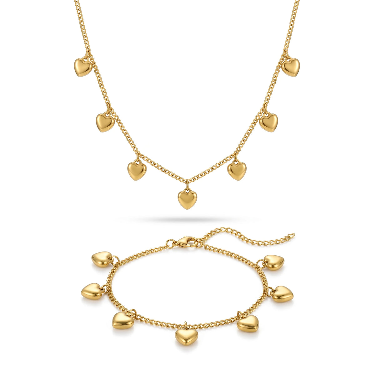 QIAOREN12860 18KGold Plated Puffy Heart Charm Necklace Set, Waterproof Tarnish Free Stainless Steel Curb Chain Jewelry for Women