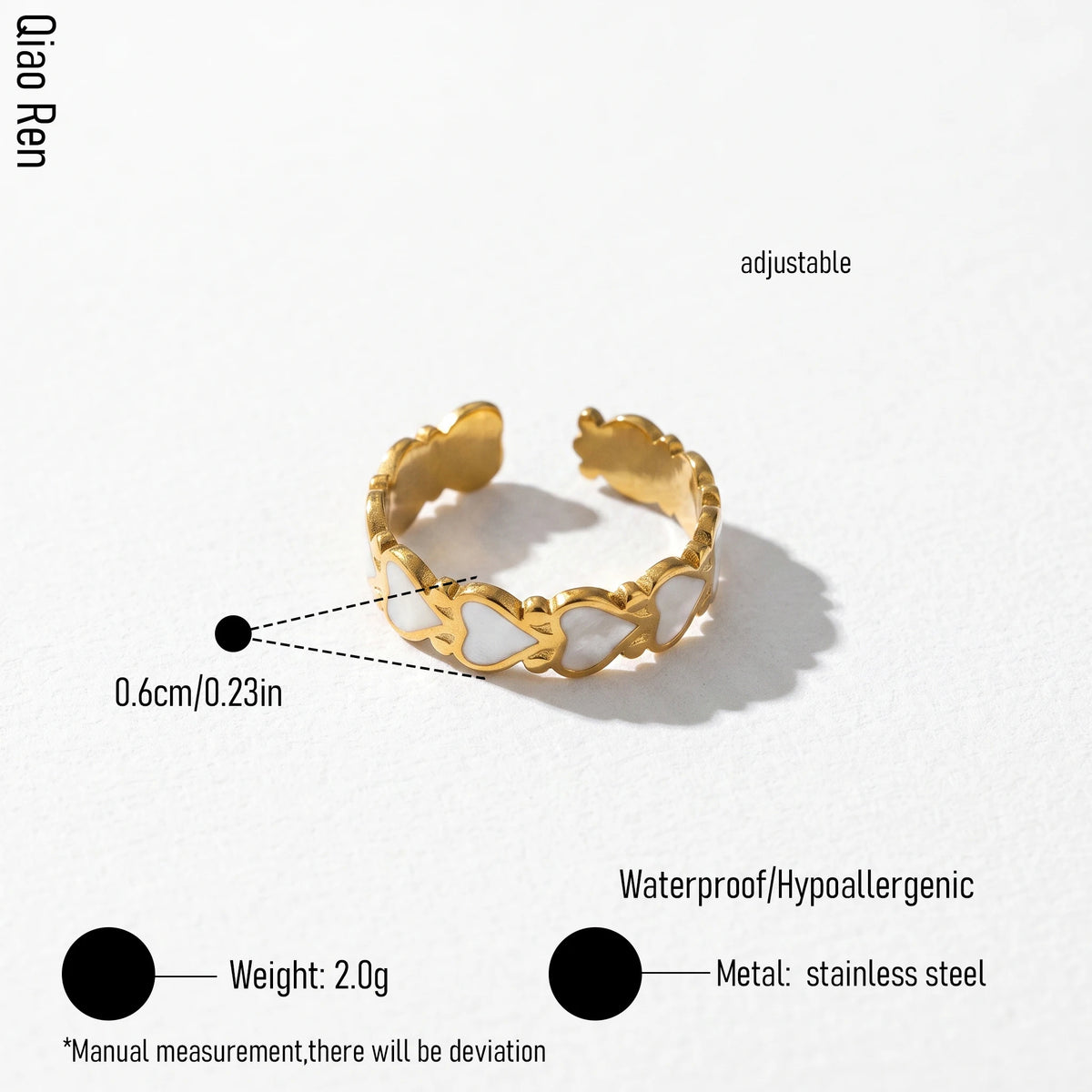 QIAOREN 14165-68 Heart & Sun Pattern Open Ring Set, White Mica Enamel Inlaid Adjustable Stackable Ring Jewelry Gift
