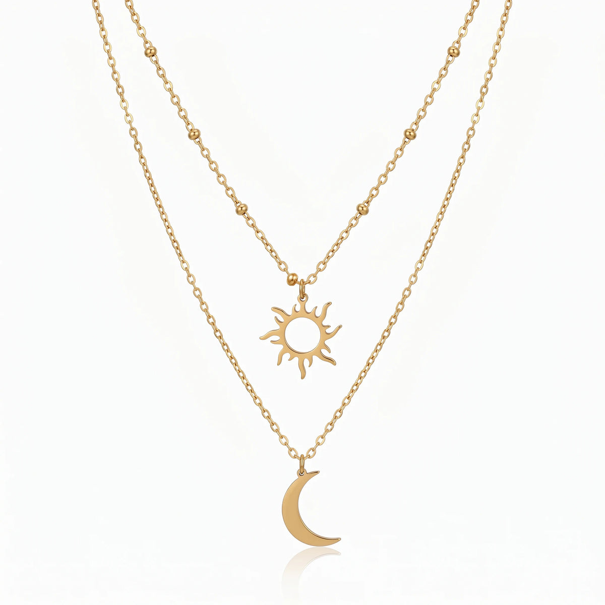 QIAOREN 10649 Boho Style Sun Crescent Moon Layered Link Chain Necklace 18K Gold Plated Stainless Steel Nickel-Free Jewelry