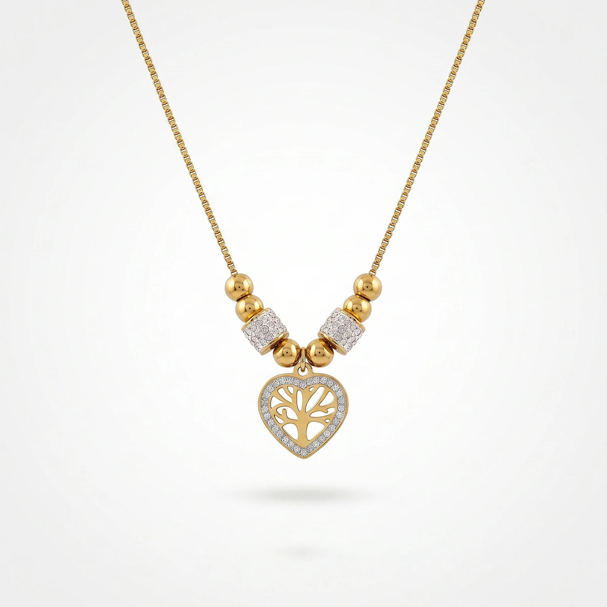 QIAOREN 13809 Thin Box Chain Pendant Necklace with Round Ball Beads & Two Paved CZ Tube Spacers, Hollow Heart Frame Life