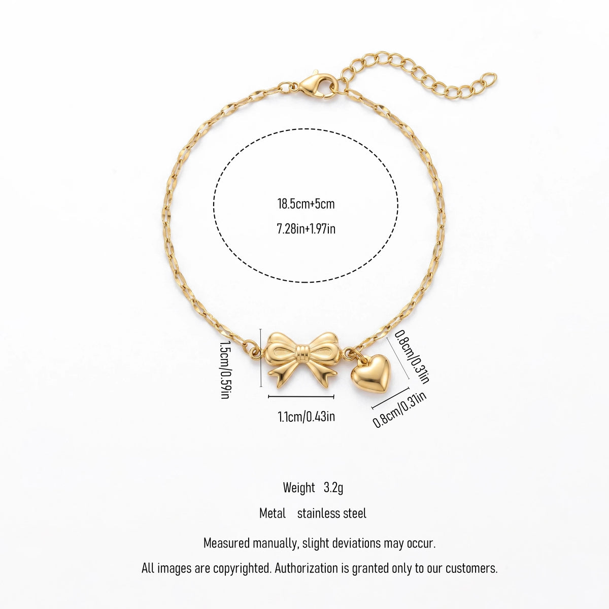 QIAOREN 11420 Waterproof 18K Gold Plated Bow & Heart Bracelet Stainless Steel Summer Beach Pool Jewelry