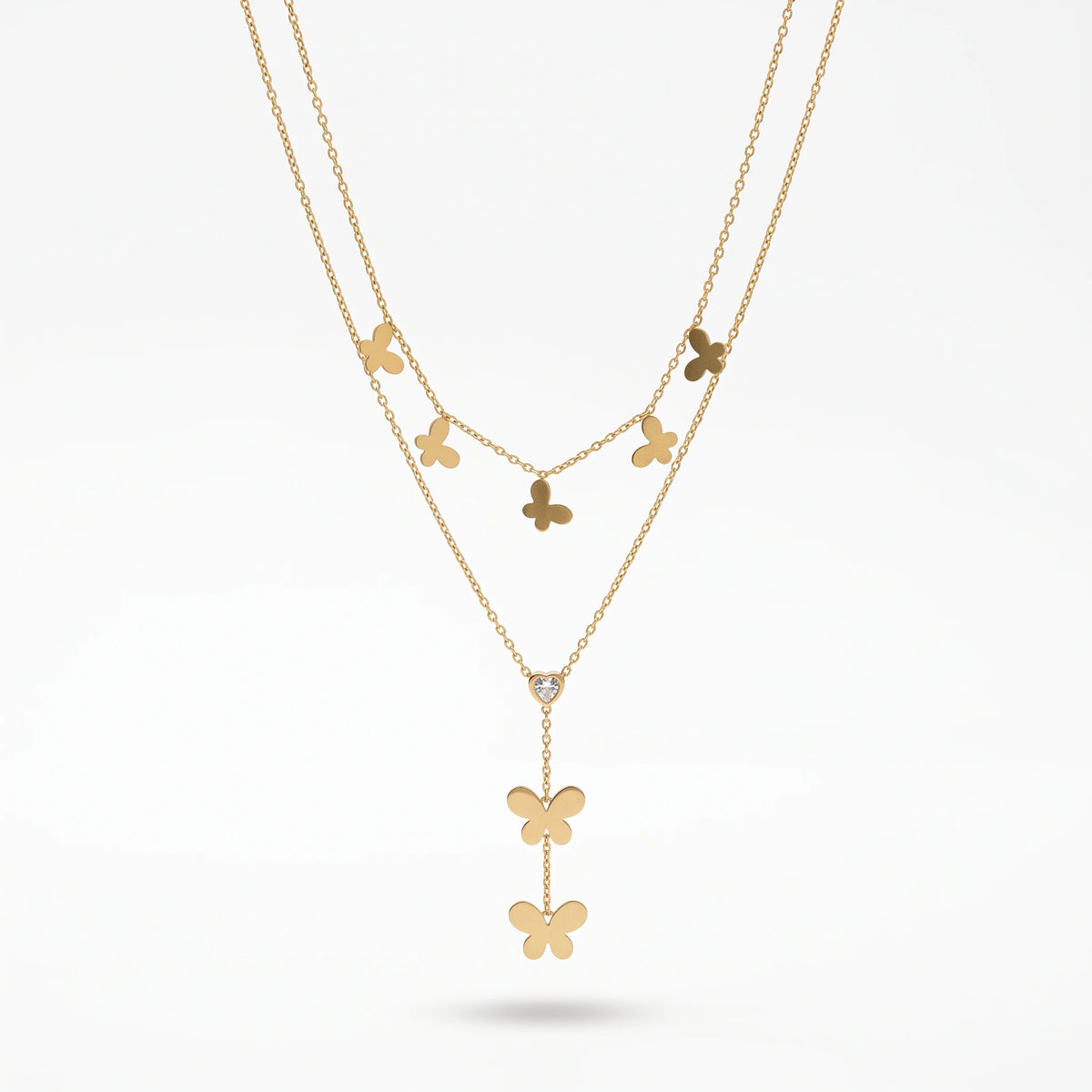 QIAOREN 13553 Stainless Steel Butterfly Layered Necklace Gold Butterfly Charm Pendant Double Layer Chain Jewelry for Women