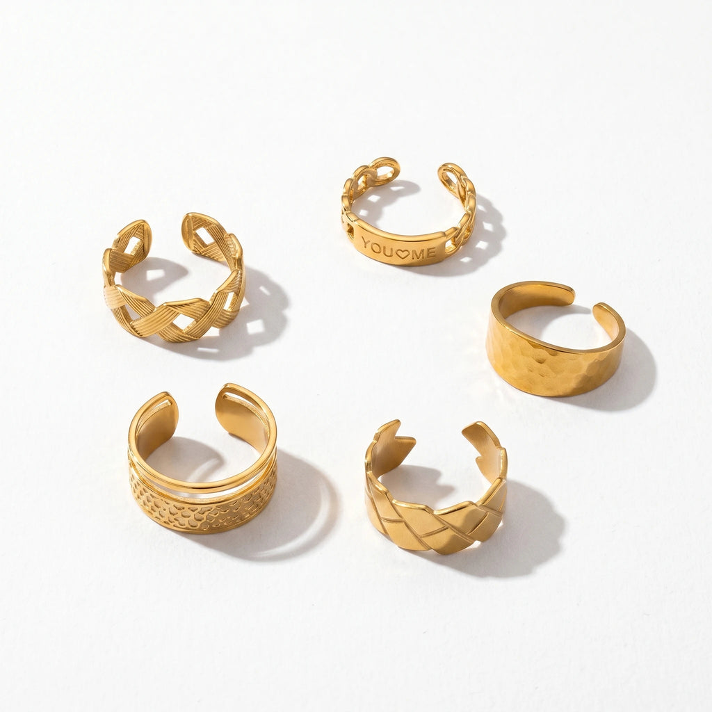QIAOREN 10706 18K Gold Plated Stainless Steel Waterproof Open Ring Set | 5Pcs Adjustable Stackable Rings