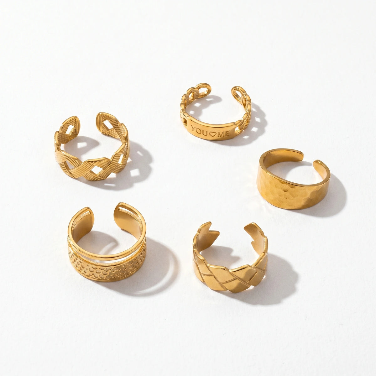 QIAOREN 10706 18K Gold Plated Stainless Steel Waterproof Open Ring Set | 5Pcs Adjustable Stackable Rings