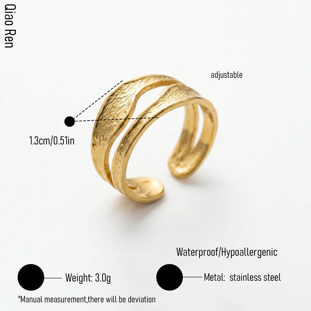 QIAOREN 14239-50 Vintage Textured Gold Open Cuff Ring Set, Hippie Bohemian Stackable Adjustable Rings for Women