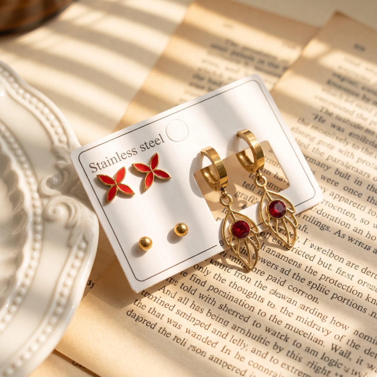 QIAOREN 14523 Waterproof Stainless Steel Earrings Set Butterfly Leaf Drop Stud Earrings Red Crystal Hypoallergenic Jewelry Women