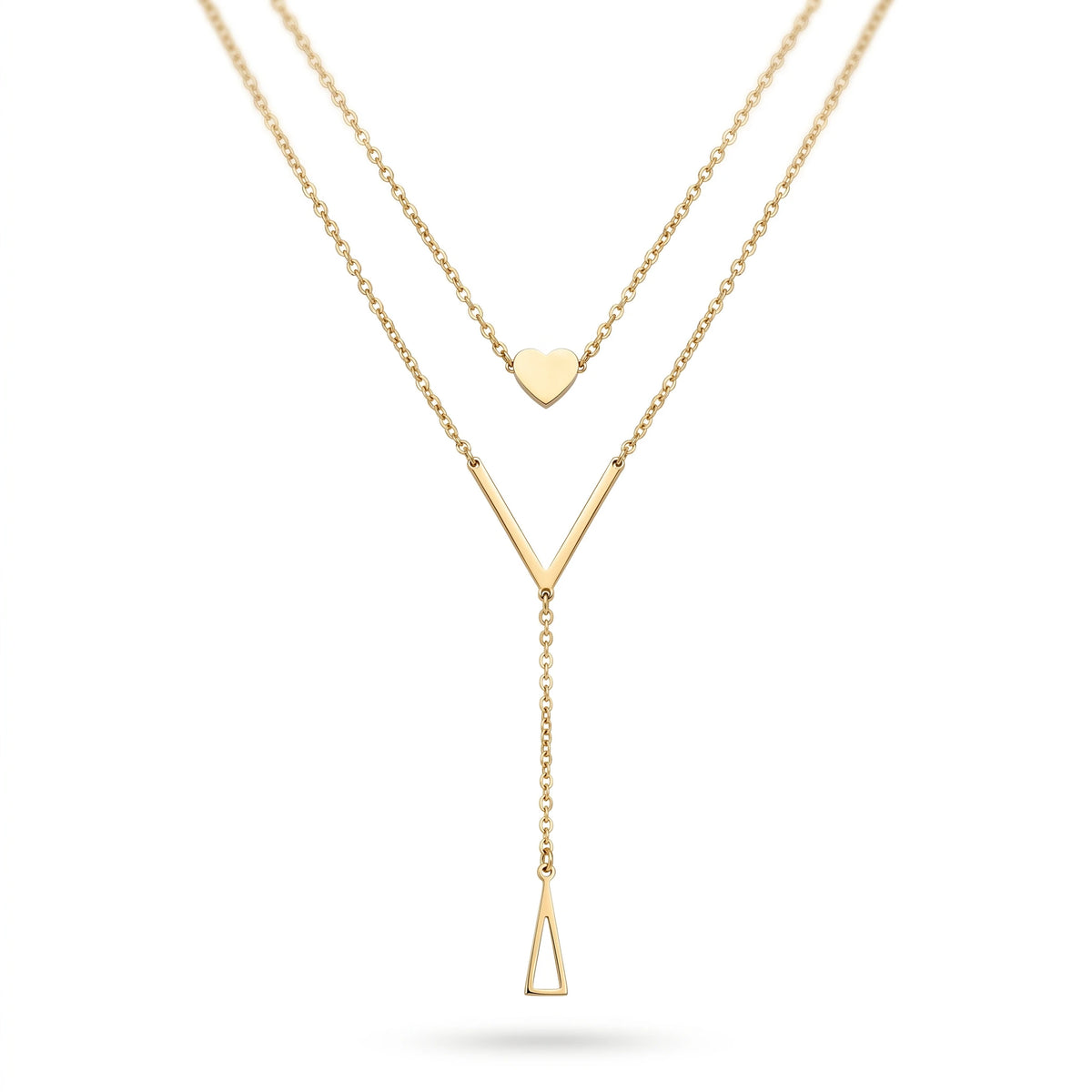 QIAOREN 11257 Dainty Double Layer Heart Triangle Pendant Necklace 18K Gold Plated Stainless Steel Waterproof Jewelry