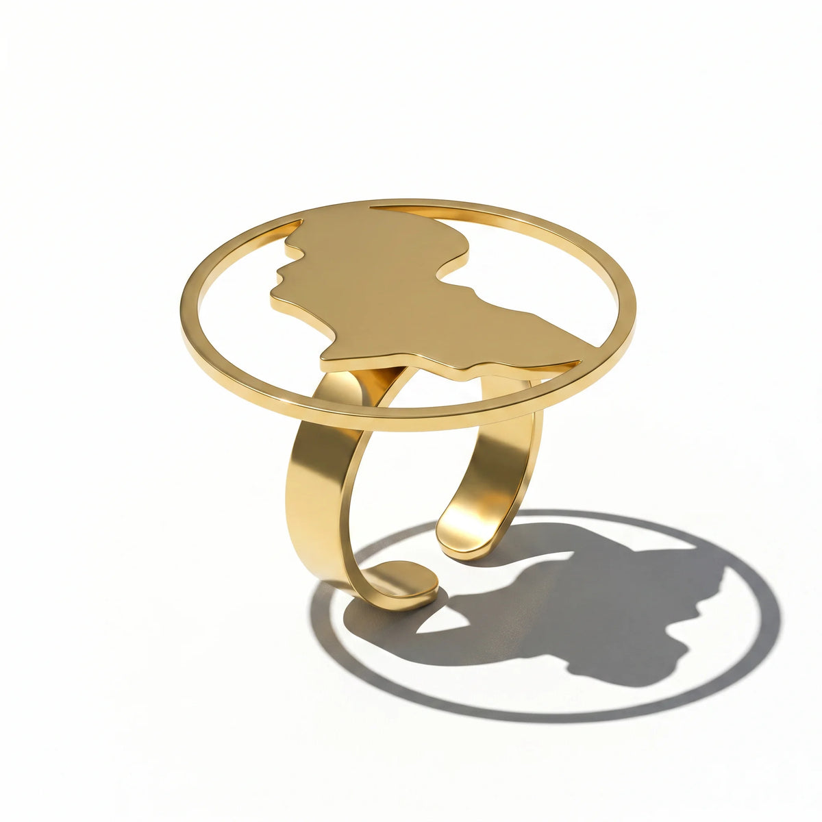 QIAOREN 10899 Stainless Steel Gold Africa Map Open Ring Large Round Frame Adjustable Statement Finger Jewelry for Women