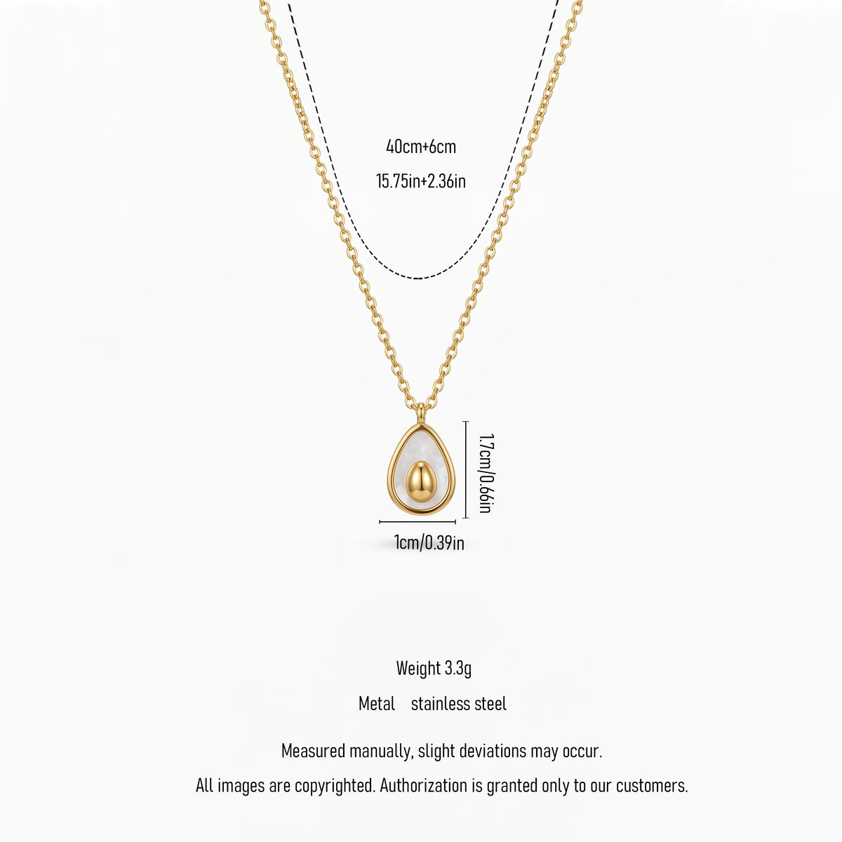 QIAOREN 13536 Dainty Teardrop White Shell Inlay Pendant Necklace with Solid Oval Gold Center Charm, Thin Cable Chain Necklace