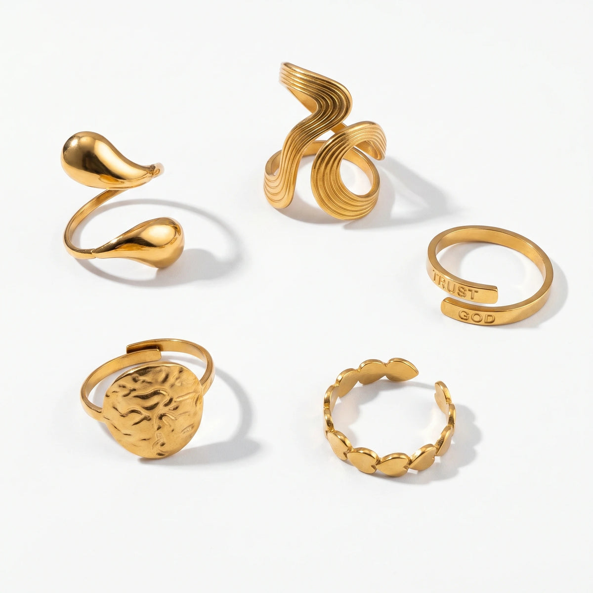 QIAOREN 10708 TRUST GOD Engraved Gold Ring Set - 5Pcs Hypoallergenic Stainless Steel Open Rings