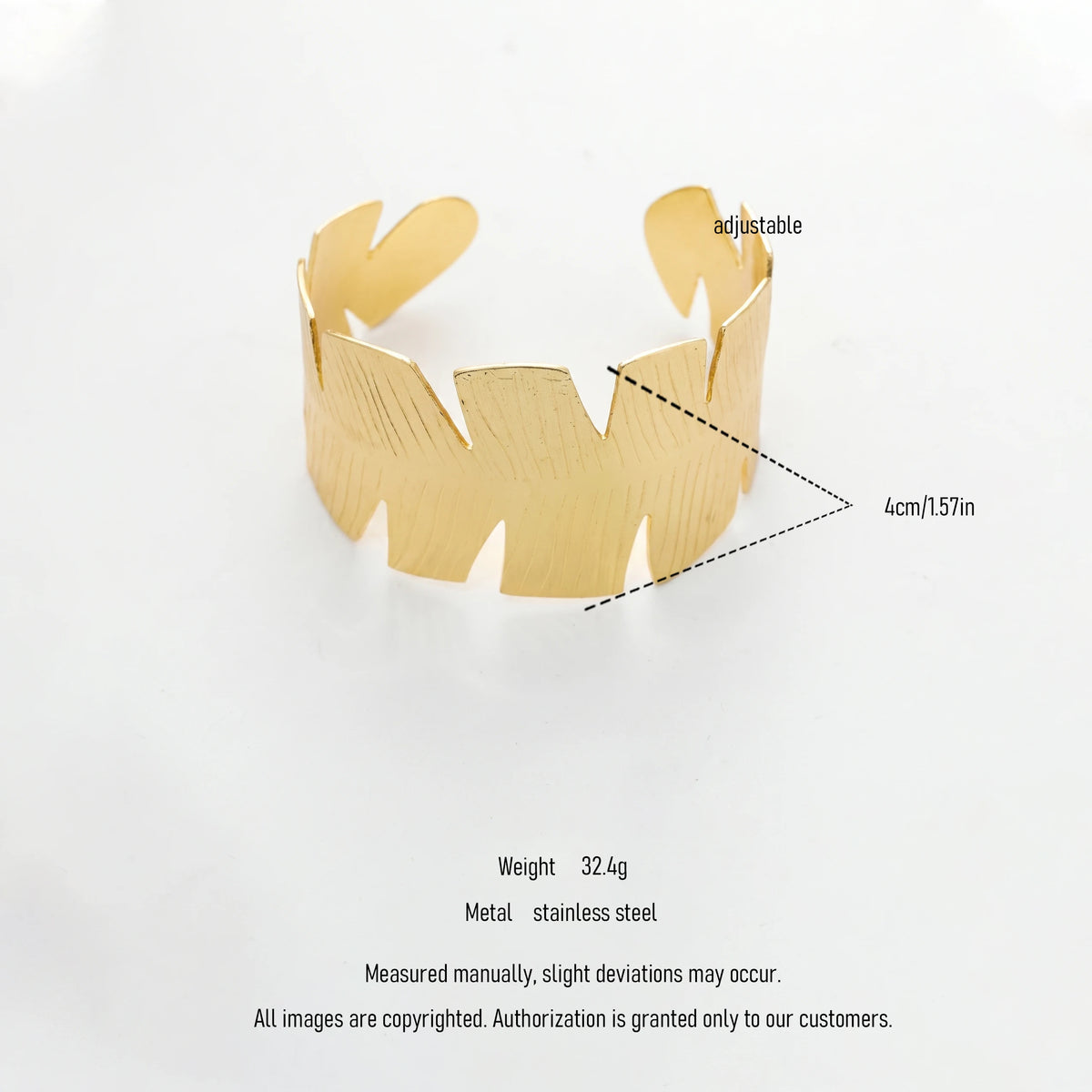QIAOREN 12660Abstract Serrated Palm Leaf Wide Cuff Bangle Hypoallergenic Stainless Steel Gold Bracelet Beach Party Birthday Gift