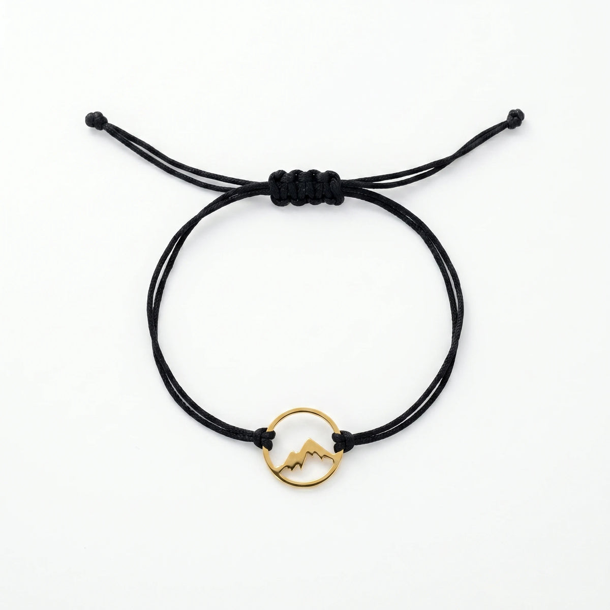 QIAOREN 12769 Stainless Steel Gold Mountain Circle Pearl Charm Women's Black Adjustable Rope Cord Minimal Outdoor Wrist Jewelry