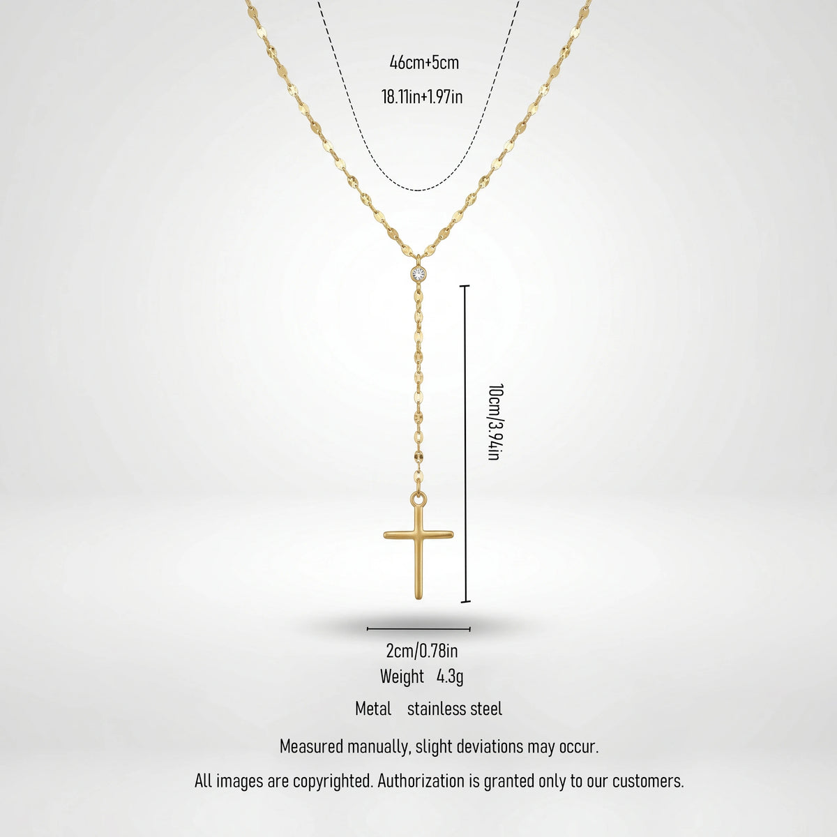 QIAOREN 11312 Waterproof 18K Gold Plated Cross Lariat Necklace Stainless Steel Beach Sunset Faith Jewelry for Women