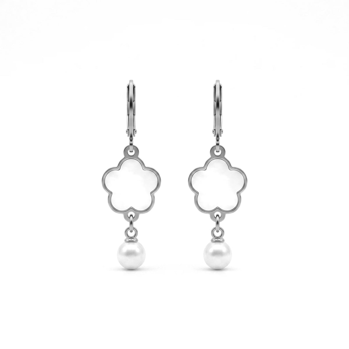 QIAOREN 11765Ins Elegant Four Leaf Clover Shell Pearl Drop Earrings 18K Gold Plated Stainless Steel Leverback Hoops Women's