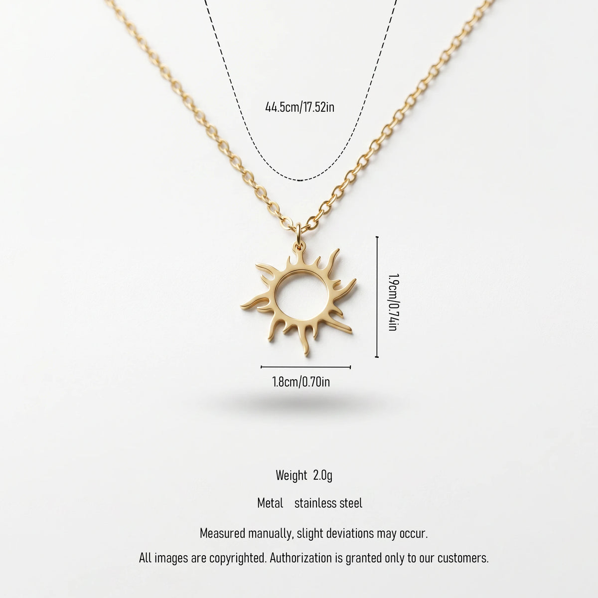 QIAOREN 11239 Waterproof 18K Gold Plated Sun Pendant Necklace Stainless Steel Beach Vacation Sunshine Jewelry