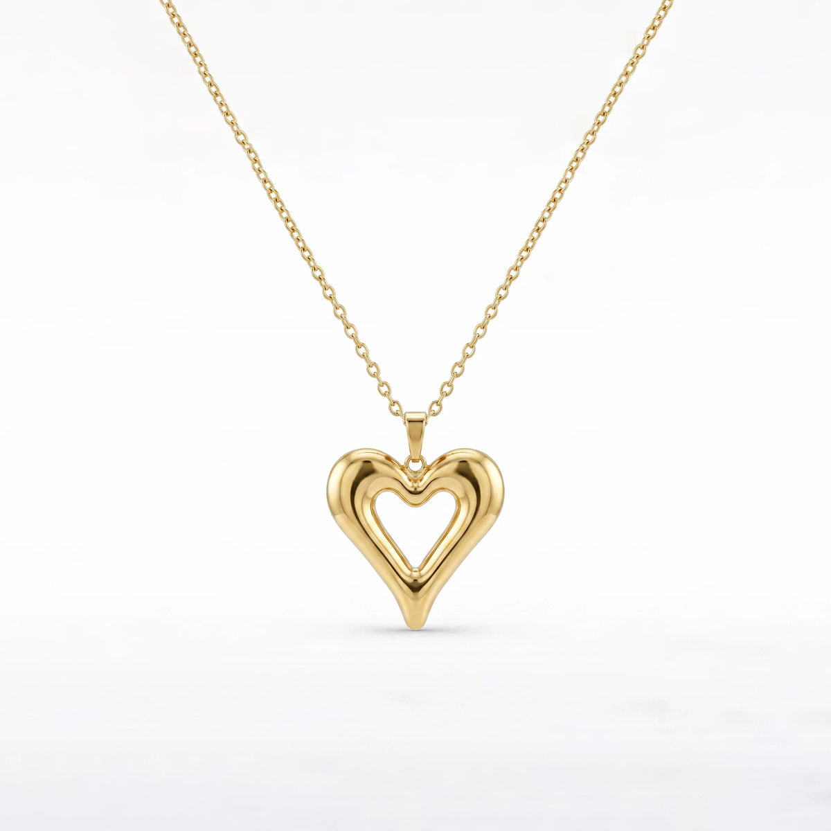 QIAOREN 12894 18K Gold Plated Puffy Heart Necklace, 3D Open Heart Pendant, Waterproof Tarnish Free Stainless Steel Jewelry Women