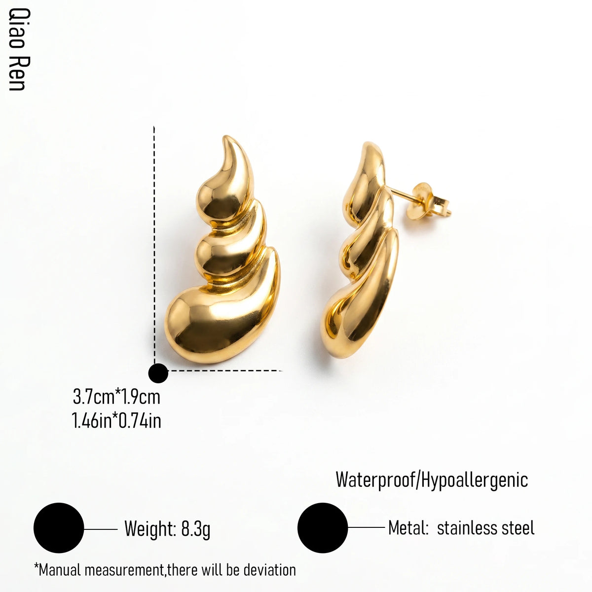 QIAOREN 14553 Stacked Fluid Curved Chunky Stud Earrings, Polished Sculptural Gold Stud Earrings, Statement Jewelry Gift