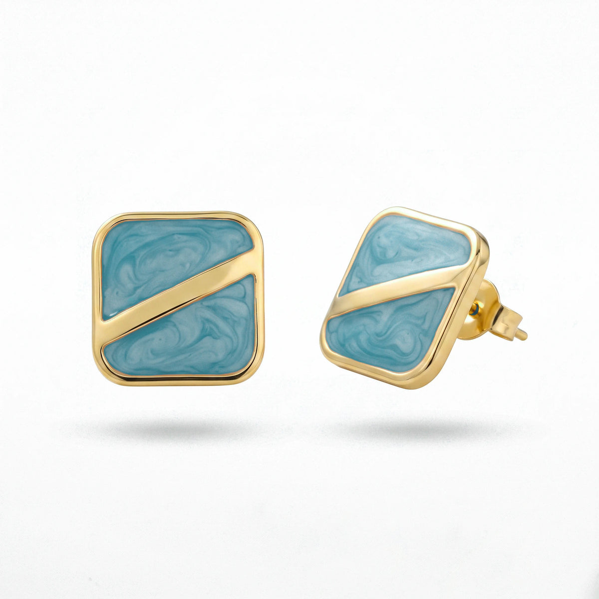 QIAOREN 13642-46 Geometric Square Marble Resin Stud Earring Set, Diagonal Gold Line Gloss Inlay Gold Frame