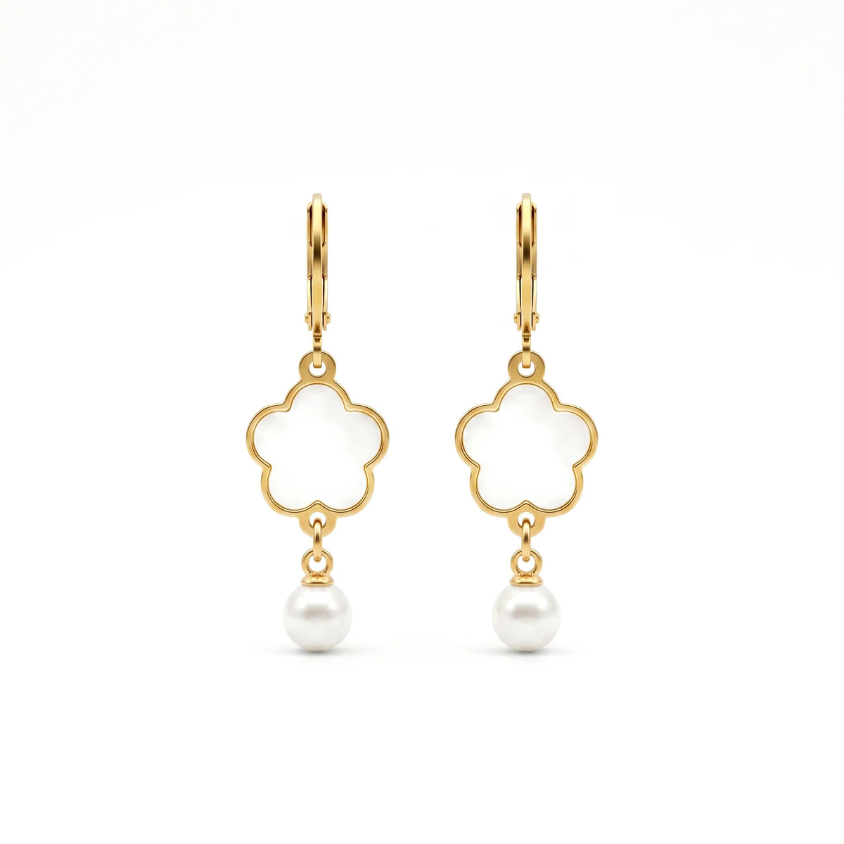 QIAOREN 11765Ins Elegant Four Leaf Clover Shell Pearl Drop Earrings 18K Gold Plated Stainless Steel Leverback Hoops Women's