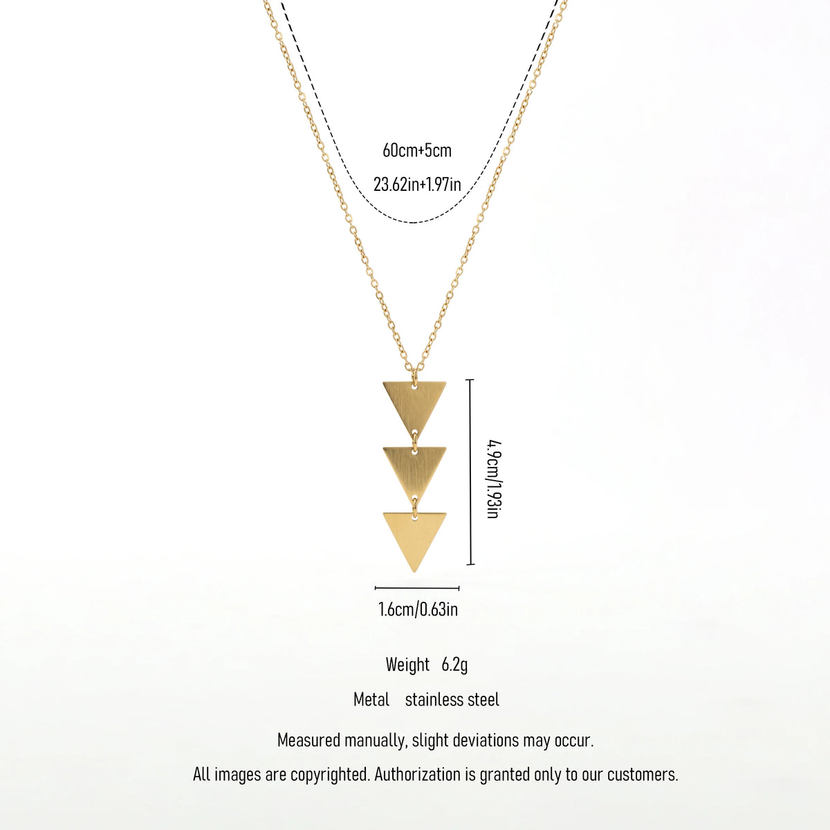 QIAOREN 11803 18K Gold Plated Stainless Steel Anti-Tarnish Hypoallergenic Stacked Triangle Drop Pendant Cable Chain Necklace