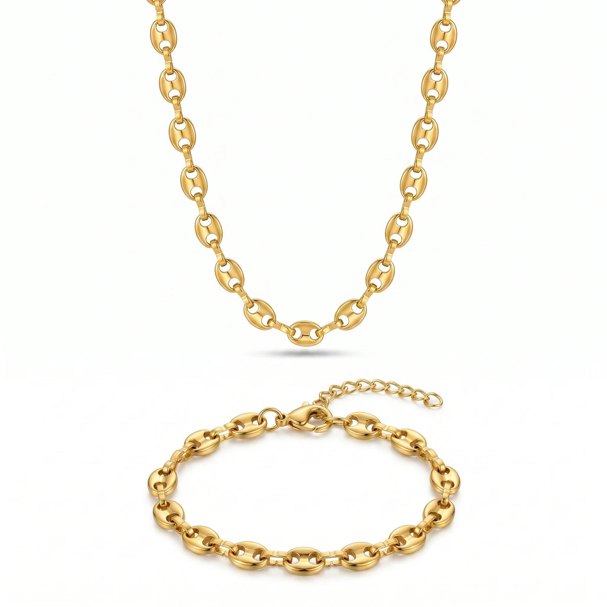 QIAOREN 10612 Mariner Chain Jewelry Set 18K Gold Plated Stainless Steel Waterproof Tarnish Free Necklace & Bracelet for Women