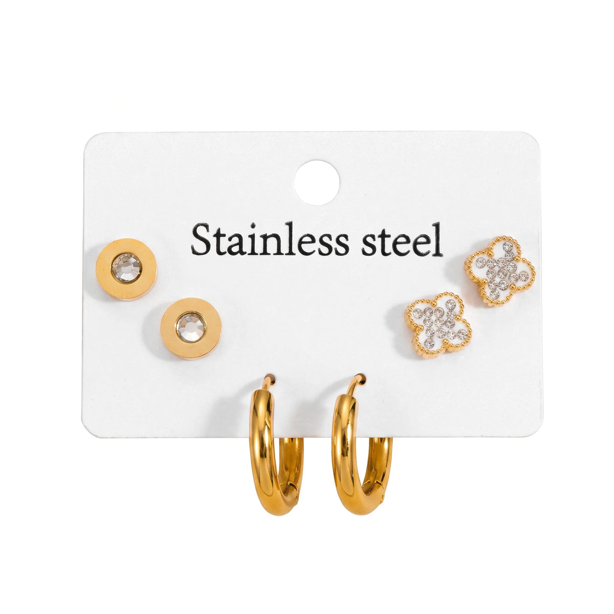 QIAOREN 14464 3 Pair Gold Stainless Steel Earrings Set, Round CZ Studs, Paved Clover Studs & Smooth Chunky for Daily Fashion