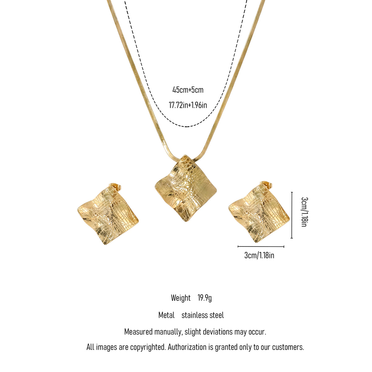 QIAOREN 11521 18K Gold Plated Stainless Steel Square Pendant Necklace Earrings Waterproof Tarnish Free Adjustable Women Jewelry
