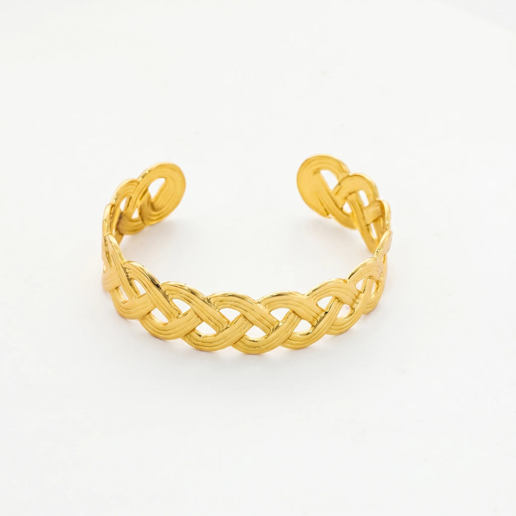 QIAOREN 12727 Vintage Celtic Twisted Woven Wide Cuff Bangle Hypoallergenic Stainless Steel Gold Bracelet Birthday Gift